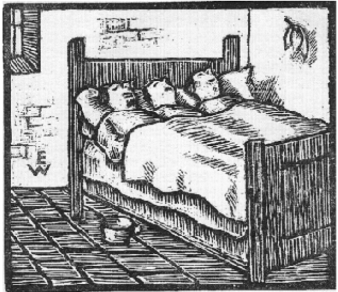 Holzschnitz mit drei Männer in einem Bett liegend